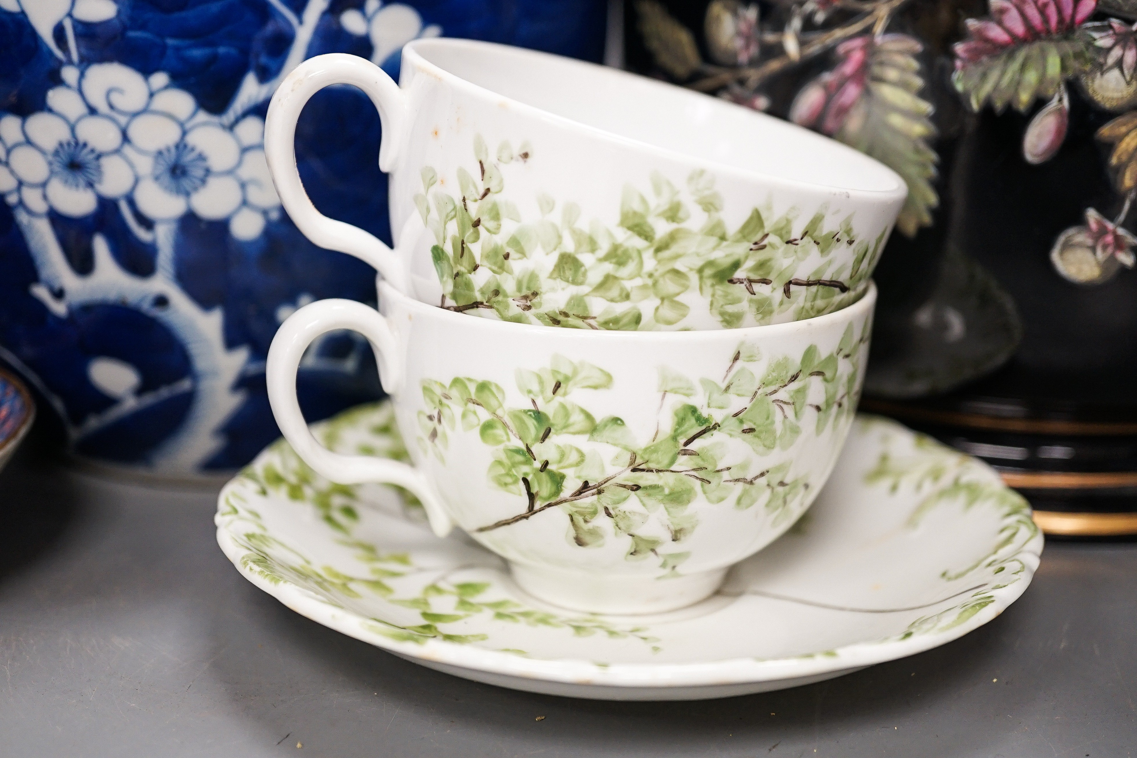 A 19th century enamel pottery jardiniere, Chinese jar and cover, a Copelands hand painted tea set, 2 blue and white meat platters, a Imari style cup and saucer etc. Jardiniere 19 cms, high.